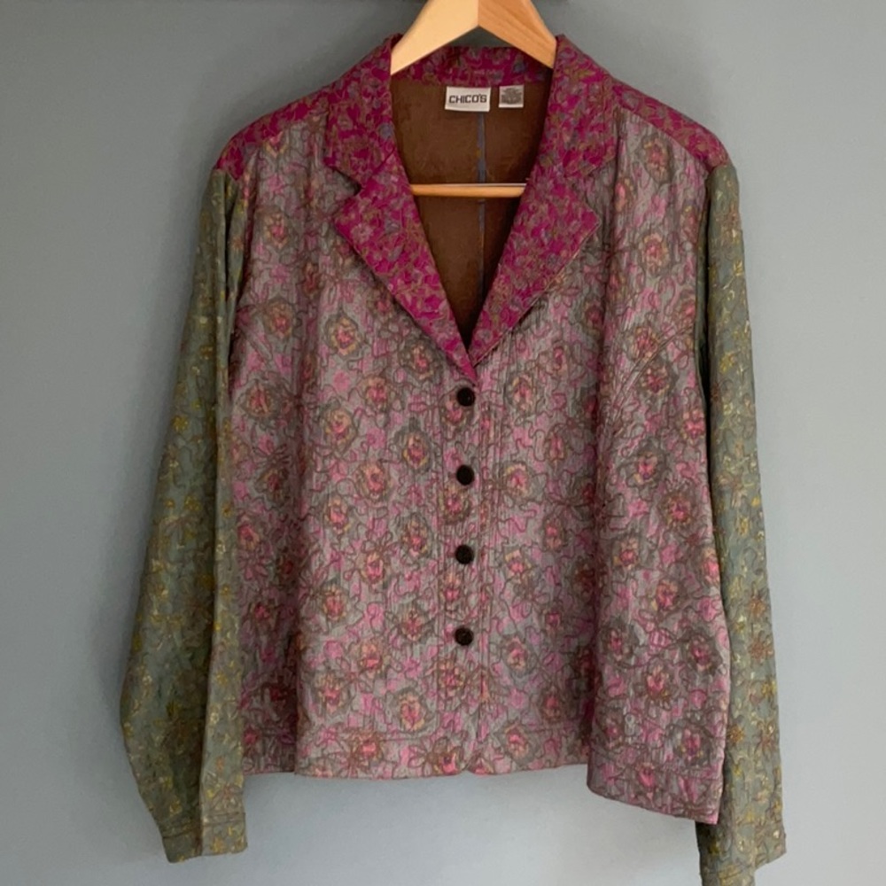 Chico’s unique silk multi-patterned light jacket
